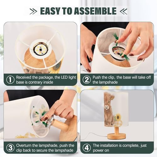Cute Watercolor Highland Cow Sunflower Bedside Table Lamps with USB Port for Bedroom LampSmall Nightstand Lamp Sturdy Linen Shade Wooden Base Decorative Lamps for Nursery Kids Reading Dorm Home - Image 6