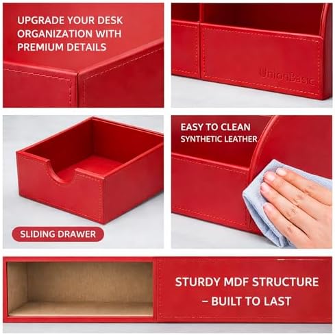 UnionBasic Desk Organizer - Multifunctional Leather Desktop Pen Holder Storage Box - Business Card/Pen/Pencil/Mobile Phone/Stationery Holder, Red - Image 2