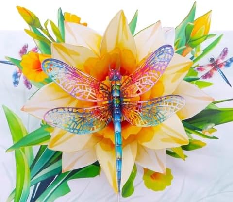 3D Pop-Up Daffodil & Dragonfly Greeting Card – Handmade Spring Flower Card for Birthday, Mother’s Day, Easter & Special Occasions F51