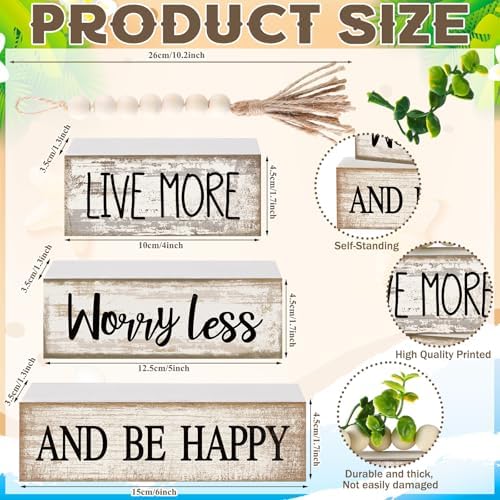 Moucuny 4 Pcs Inspirational Farmhouse Table Decor Rustic Stacked Wooden Block Sign - Live More Worry Less Be Happy Centerpieces Set with Beaded Tassel and Artificial Plant for Home, Office, Shelf Gift - Image 3