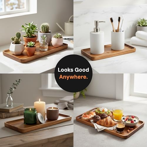Acacia Rectangle Wooden Tray - 2 Sizes 16" X 12" and 10" X 6" - Food Safe Serving Tray - Large & Small Wooden Trays Combination - Durable Wood Display Tray for Coffee Party or Home Decor - Image 4