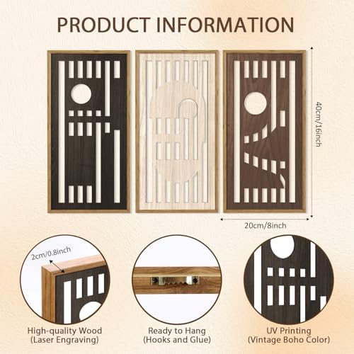 HPNIUB 3 PCS Boho Wall Decor,Black White Century Abstract Mask Geometric Line Carved Hanging Wood Sign for Living Room,8x16Inch Modern Neutral Wooden Plaque for Apartment Bedroom Office Decoration - Image 7