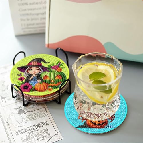 askkqtx 8 Pcs Halloween Diamond Art Coasters Kits with Holder 4X4 Inch - Image 3