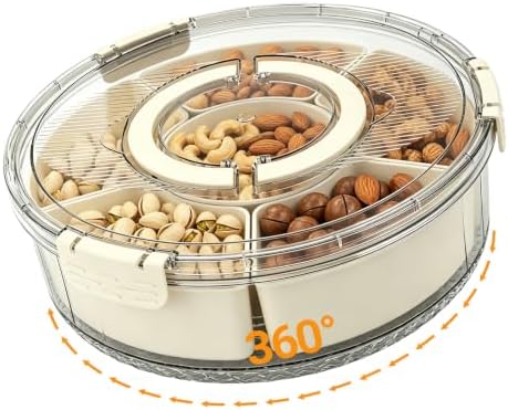 6-Compartment Snackle Box, Rotating Serving Tray with Lid & Handle by KISENG