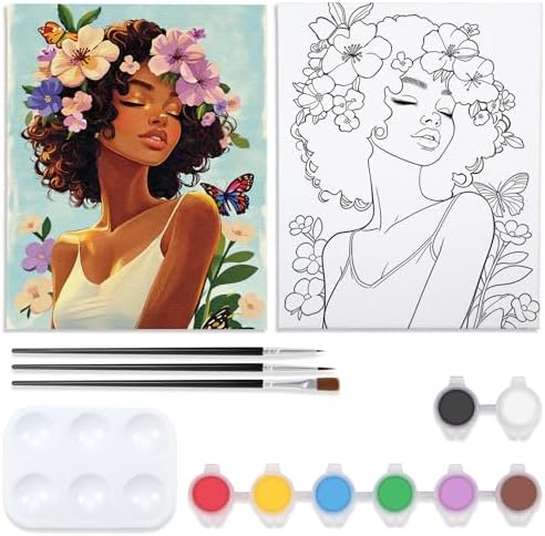 VOCHIC Pre Drawn Canvas for Painting for Adults Paint and Sip Kit Painting Party Supplies 8 Acrylic Colors,3 Brushes,1 Palette Art Set (Floral Lady, 8x10 in) by VOCHIC