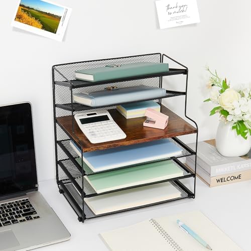 OPNICE Desk Organizer, 6-Tier Paper Organizer Letter Tray, Brown Wood - Image 2