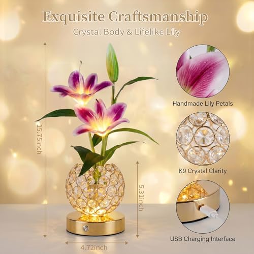 Stargazer Lily Flowers Table Lamp, Rechargeable Cordless Touch Crystal Lamp with 3 Color Modes, Easter Lily Night Light for Bedroom Kitchen Office Decor, Birthday Mothers Day Gifts for Women Mom - Image 5