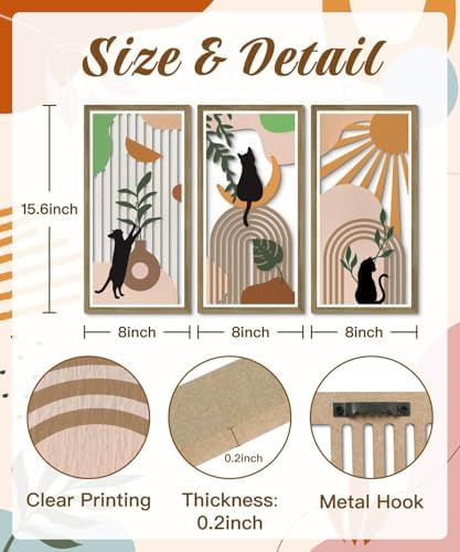 Putuo Decor Boho Wall Decor Set of 3, Abstract Boho Cat Wall Art, Mid Century Modern Black Wall Decr for Cat Lovers Home Bedroom Living Room Office - Image 2