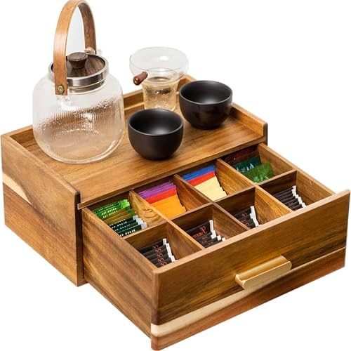 Acacia Wood Tea Bag Organizer, Tea Organizers and Storage Box, Tea Caddy for Tea Bags Storage Drawer, Teabag Holder Container Boxes for Countertop, Tea Station Chest Display Wooden, Organizador De Te by FLYIEE