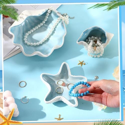 Teenyyou 3 Pcs Ceramic Seashell Jewelry Holder Conch Seashell Bowl, Blue - Image 4