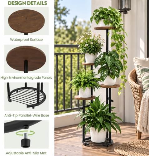 TOSKING 5-Tier Round Wood Corner Plant Stand Indoor, Anti-Tip, Brown&Black - Image 6