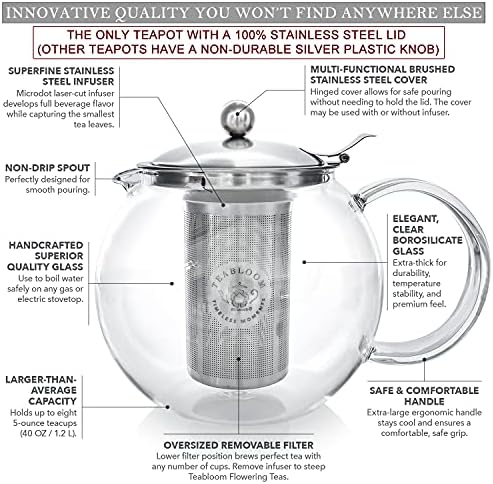 Teabloom All-in-One Glass Teapot and Tea Kettle – Heatproof Borosilicate Glass Tea Maker with Removable Stainless Steel Loose Tea Infuser – Classica Stovetop Tea Pot (40 oz / 1200 ml) - Image 3