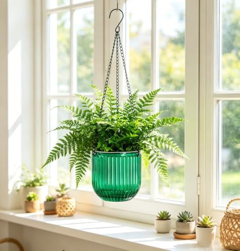 Melphoe 2 Pack Self Watering Hanging Planters Indoor Flower Pots, 5.3 Inch Outdoor Hanging Basket, Plant Hanger with 3Hooks Drainage Holes for Garden Home (Emerald) - Image 4