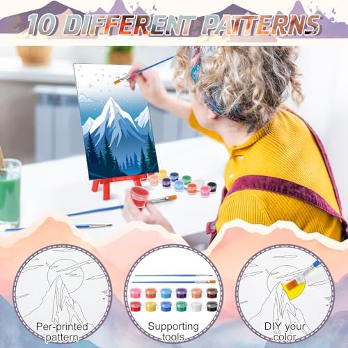 Blosssound 10 Set Pre Printed Canvas Pre Drawn Canvas Painting with Easel Kits 5" x 7" Outline Painting Panels for Beginners, DIY Craft Project, Party Favor, Home Decors(Sunset) - Image 3