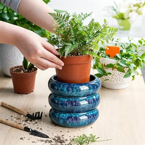 Ceramic Plant Pot Indoor, 6.5 Inch Flower Pot with Drainage Hole, Tiered Bubble Design Ceramic Planter for Home & Office Decor (Blue) - Image 4