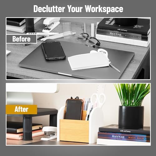 Mind Reader Desktop Organizer with 3 Compartments, Natural Wood and Matte Finish Sides, Compact Desk Storage, Wood, White - Image 5