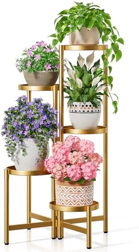 Tall Gold Plant Stand Indoor Outdoor, Corner Metal Flower Pot Stands for Multiple Plants, 5 Tiered Heavy Duty Plant Shelf for Patio Garden Balcony Living Room Bedroom - GoldDisk by Unknown