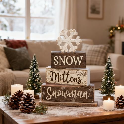 Moucuny 4 Pcs Wooden Snowman Block Signs Farmhouse Table Decoration - Image 5