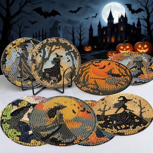 LWZAYS 8 Pcs Halloween Diamond Art Coasters Kit - DIY 5D Small Diamond Painting Coasters with Holder, Diamond Art Kits for Adults Coasters, Arts and Crafts for Adults - Image 4