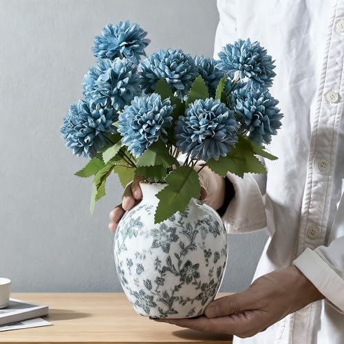 SIDUCAL Ceramic Vintage Vase, 5.83 Inch Retro Ice Cracked Chinoiserie Floral Vase, Rustic Farmhouse Vases for Home Decor, Bookshelf, Garden, Chinoiserie Decor, Tuscan Decor, Gray Floral Pattern - Image 3