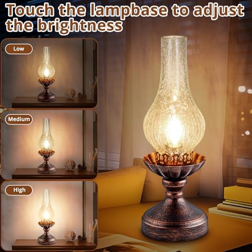 Vintage Table Lamp | Touch Control & 3-Way Dimmable Rustic Retro Farmhouse Bedside Lamp with Clear Glass Shade and LED Bulb for Bedroom, Living Room, Cabin, Office - Image 2