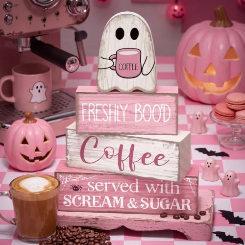 Moucuny 4 Pcs Pink Halloween Table Decorations Coffee Ghost Wooden Blocks - Image 2