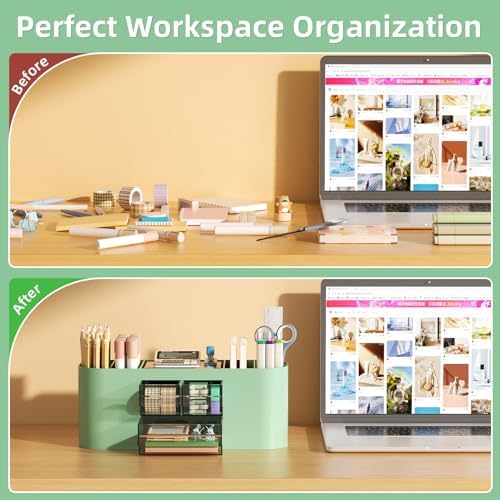 Marbrasse Desk Organizer Pen Holder for Desk with 3 Drawers, Multi-Functional Pencil Holder, Desk Organizers and Accessories with 7 Compartments for Home, School, Classroom(Green) - Image 7