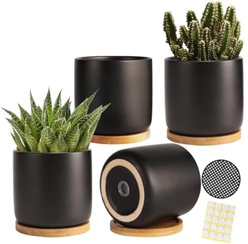 4" Ceramic Plant Pots with Drainage Holes & Trays Black Set of 4 by BABALIU