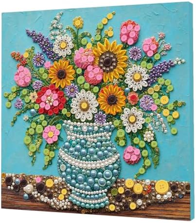 Framed Button Art Kit 11.8" DIY Mosaic Craft for Adults(Sunflower Blue Vase) by Unknown