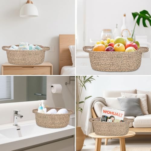 ABenkle Small Basket with Handles, Boho Decorative Rope Woven Dog Cat Toy Storage Bin Shelf Storage Organizer, Easter Christmas Gift Basket, 12"x8"x5" - Image 4