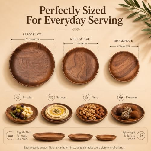 Handcrafted Walnut Wood Serving Plates - Set of 3 Stackable Round Wooden Trays - 7, 6, 4 Inch Food-Safe Plates for Charcuterie, Snacks, Sushi, desert plate, Jewelry Dish & Minimalist Home Decor - Image 2