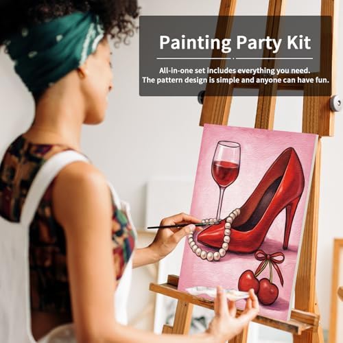 VOCHIC Pre Drawn Canvas Painting Kit for Adults for Painting Party Kit Paint and Sip Party Supplies 8 Colors,3 Brush,1 Pallet Art Set Girl High Heel Glass Necklace 8x10 in - Image 3