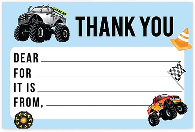 Andaz Press Kids Fill in the Blank Thank You Cards 20 Cards Including Envelopes Monster Trucks Gender Neutral Note Cards For Boys Girls Birthday Party Thank You Notes for Friends Family Party Guests