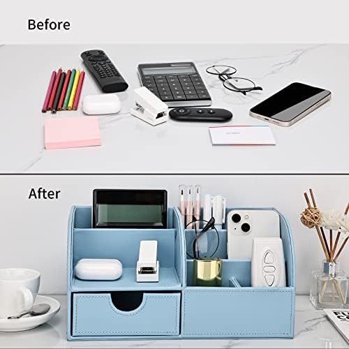 KINGFOM Pu Leather Desk Organizer Pen Pencil Holder Office Supplies Caddy Storage Box 6 Compartments with Drawer Blue - Image 7