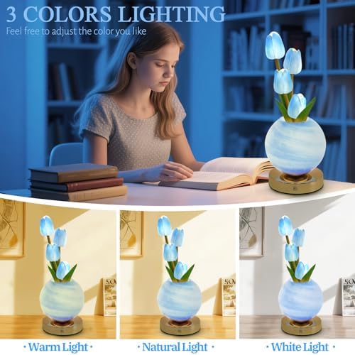 Tulip Table Lamp, Rechargeable Cordless Touch Dimming Artificial Tulip Flower Desk Lamp, LED Flower Bedside Night Light Romantic Gifts for Girl Women Mom (Blue) - Image 4