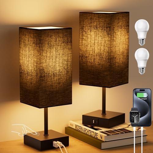 Touch Bedside Table Lamp for Bedroom, 14-Inch, Black, Set of 2 by Sailstar