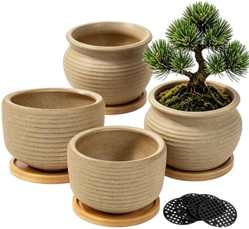 MUZHI Rustic 4 inch Bonsai Plant Pot with Bamboo Tray Set of 4, Unglazed Ceramic Succulent Cactus Pot Indoor Outerdoor with Drainage Hole by MUZHI