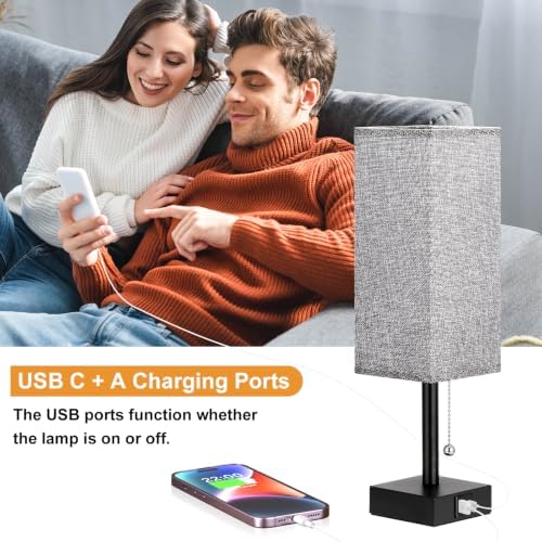 Set of 2 Grey Bedside Table Lamps for Bedroom - Nightstand Lamp, USB C+A - Image 3