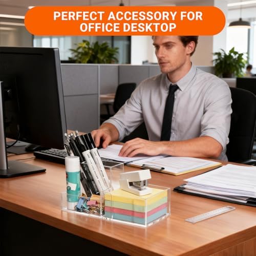 Pen Holder for Desk Clear Pencil Holder with Sticky Notes Holder Acrylic 3 Compartments Desk Organizer Office Desk Accessories for Office, School, Home, Makeup Brush Holder for Bedroom Bathroom - Image 2