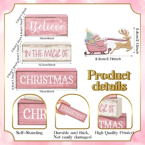 Moucuny 4 Pcs Christmas Table Decoration Pink Santa Sleigh Stacked Wooden Sign Decor Christmas Tiered Tray Decor Decorative Santa Claus Elk Block Sign Gift Farmhouse Xmas Centerpiece for Home Kitchen - Image 3