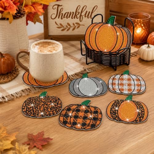 Demonwer 8 Pieces Fall Plaid Pumpkin Diamond Coasters with Holder DIY Cute Autumn Pumpkin Diamond Art Coasters 5d Diamond Coasters Round Cup Coaster for Fall Autumn Holiday Gift - Image 6