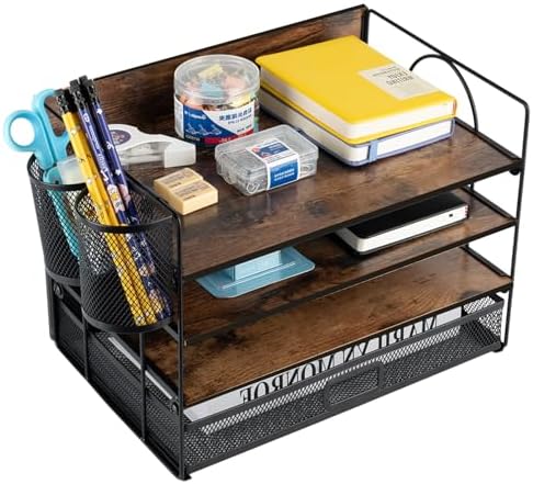 4 Tier Desk Organizers and Accessories, Paper Letter Tray Organizer,Vintage Wood Desk File Organizer with Drawer and 2 Pen Holders for School Home Office Supplies by mesh+desktop+storage