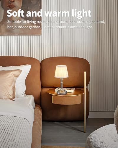 KDG Nickel Cordless Table Lamps Set of 2, Beige Fabric Shade Desk Lamp - Image 3