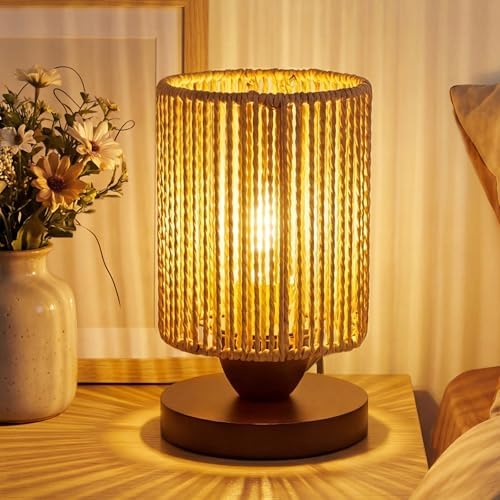 Small Rattan Lamp,Boho Desk Lamp for Living Room,Handmade Farmhouse Woven Bamboo Bedside Lamps for Bedroom,Vintage Wicker Wooden Nightstand Nihgt Light Lamps for Home Decor Gifts for Women Girls by Unknown
