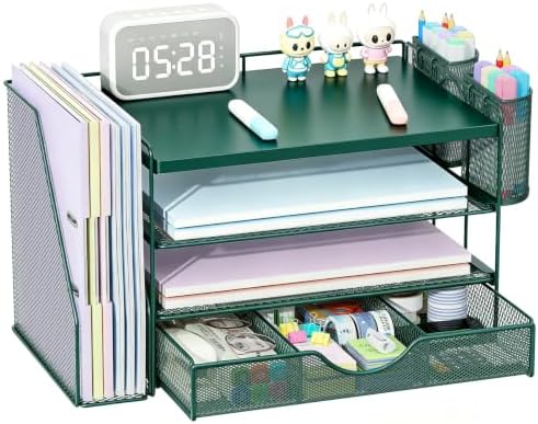 gianotter Wood Desk Organizers and Accessories with File Holder, 4-Tier Desk Accessories & Workspace Organizers with Drawer and 2 Pen Holder, Desk Reference Organizer (Green, 4T with Metal Drawer) by gianotter