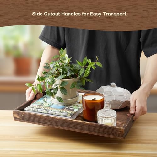 17 Inch Burnt Wood Serving Tray with Handles - Large Wooden Tray for Ottoman, Breakfast in Bed, Dinner, Coffee Table - Decorative Brown Rectangular Tray for Living Room Entryway and Kitchen Decor - Image 4