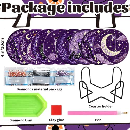 8 Pcs Halloween Diamond Art Coasters Purple Moon DIY Craft Kit with Holder - Image 2