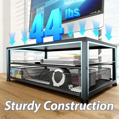 OPNICE Desk Organizer and Accessories, 2-Tier Computer Monitor Stand Riser with Drawer and 2 Pen Holders, Laptop Stand, Office Desk Accessories for Office Supplies, Black - Image 5