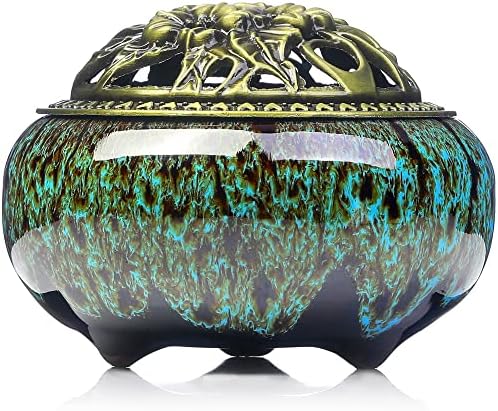 Incense Burner with Calabash Incense Stick Holder - Porcelain Charcoal Censer for Use with Resin Granular Powder Cone or Coil Incense (Kiln-Colored Blue) by LamDawn