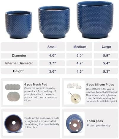 4 + 5 + 6 Inch Ceramic Pots for Indoor Plants, Succulents Plant Pots, Orchid Flower Pot with Drainage Hole, Modern Clay Stoneware Planters, Set of 3 (Dusty Blue, 4+5+6 Inch) - Image 2